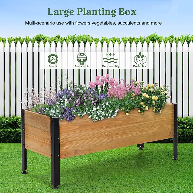 Wooden Rectangular Flower Box with Short Iron Legs Planting Bed for Flowers and Vegetables Suitable for Garden and Balcony. Dimensions: 27.56 * 13.9 * 12.5 inches