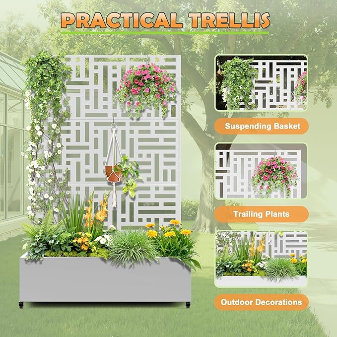 Metal Raised Garden Bed with Trellis 2-in-1 Planter Box &amp Privacy Screen for Climbing Plants Outdoor Standing Flower Bed with Drainage Holes 47.2 L x 16.7 W x 70.8 H White-Helen