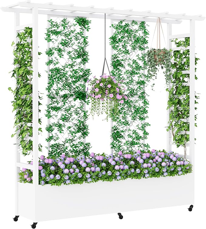 Raised Garden Bed with Trellis &amp Hanging Roof Weatherproof Metal Planter Box with Wheels Garden Arch Trellis for Outdoor Climbing Plants Vines Flowers 74 H x 77 L x 17 W White