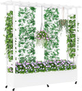Raised Garden Bed with Trellis &amp Hanging Roof Weatherproof Metal Planter Box with Wheels Garden Arch Trellis for Outdoor Climbing Plants Vines Flowers 74 H x 77 L x 17 W White