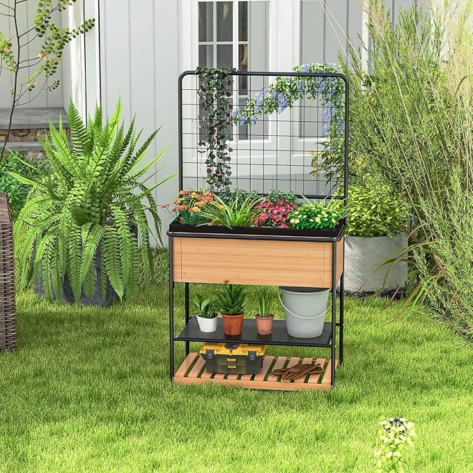 Giantex Raised Garden Bed with Trellis Elevated Wood Metal Planter Box with 2-Tier Storage Shelves Grid Divider Drain Hole &amp Black Liner Freestanding Garden Planter for Herb Vegetable Fruit Fl