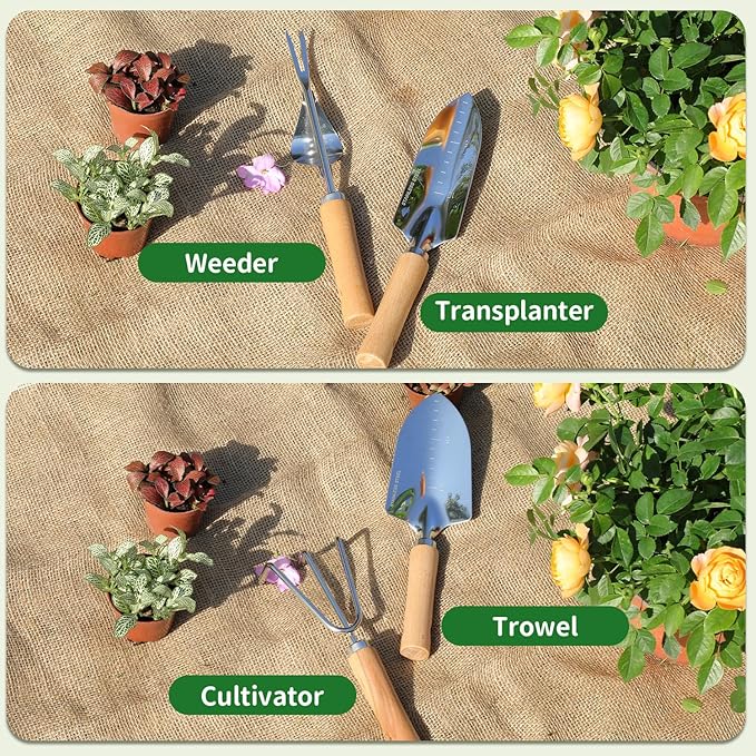 Gardening Tools 10-Piece Heavy Duty Stainless Steel Hand Tools with Durable Garden Tools Storage ToteRust-Proof Garden Tool Set Ideal Gardening Gifts for Women Yellow Floral Pattern Design