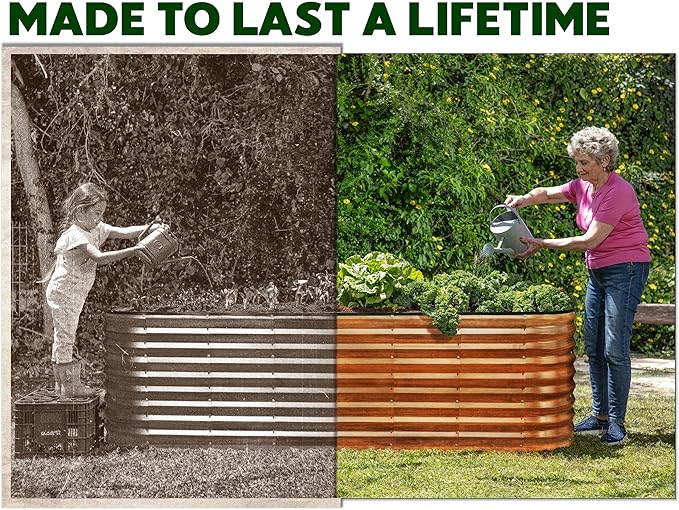 Plant &amp Plot Galvanized Raised Garden Beds Outdoor // 8×2×2 ft Planter Raised Beds for Gardening Vegetables Flowers (Dark Wood Grain) // Large Metal Garden Box // Patented Tool-Free Design