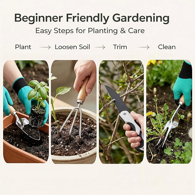 All-in-One Garden Tool Set with Basket 9-Piece Stainless Steel Garden Tools with Wooden Handles Gardening Gift Set