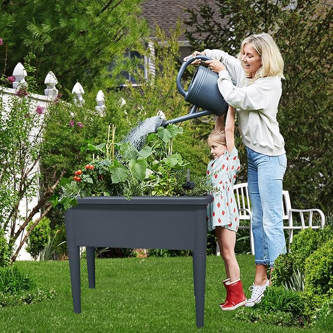 FENCETECH 20.8 Gallon Self Watering Raised Garden Bed with Greenhouse Cover 30 x 25.6 x 15 Plastic Plant Box with Legs and Drainage Plug Grey