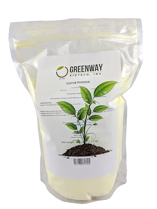 Greenway Biotech Inc. Organic Sulfur Powder Fertilizer for Plants- Required to Lower pH &amp Increased Sulfur Deficiencies- Essential Nutrients for Plant Growth with Macronutrients (5 Pounds)