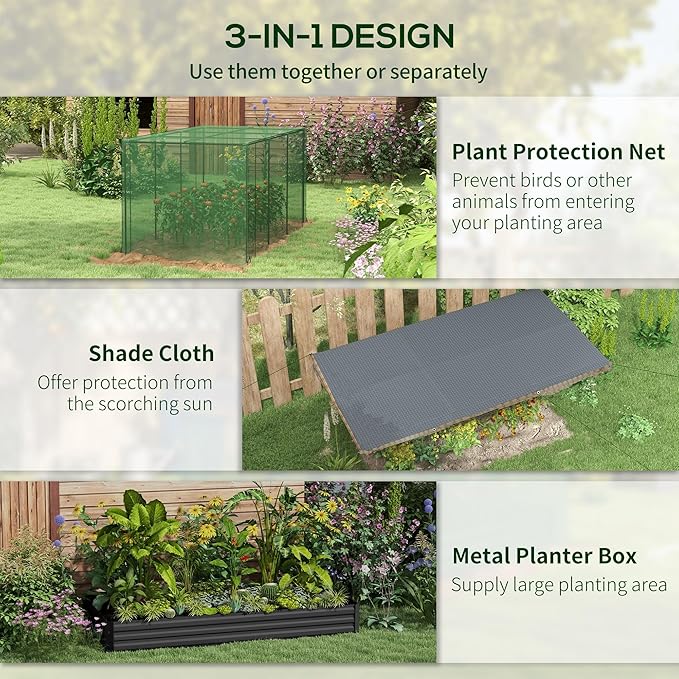 Outsunny 7.3 x 3.4 x 1 ft Galvanized Raised Garden Bed with Crop Cage Plant Protection Net and Shade Cloth Roof Metal Planter Box with Cover for Vegetables Flowers Herbs Dark Gray