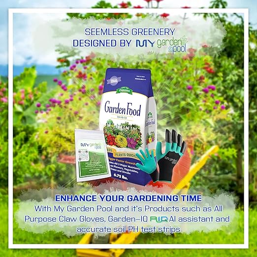 Espoma GF10 Garden Food 10-10-10 6.75 lb. with My Garden Pool PH Soil Test Strips 20 ct and My Garden Pool Superior Gardening Claw Gloves and Garden-IQ Smart Gardening AI Assistant!