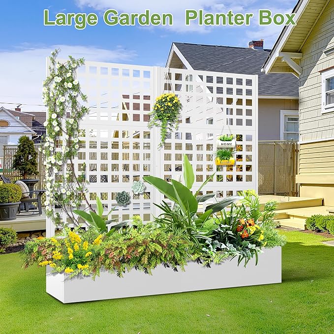Metal Raised Garden Bed Trellis Planters Bed with Drainage Holes for Climbing Plants Vegetables Outdoor Privacy Screen with Planter Box 73x35x16 White