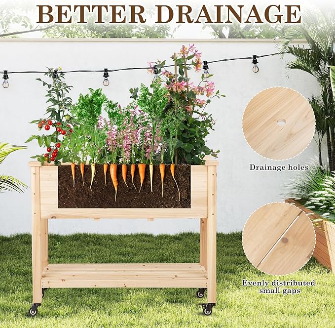 Raised Garden Bed with Lockable Wheels 40x24x32 inch Elevated Wood Planter with Storage Shelf Protective Liner for Vegetable Flower Herb Outdoor Balcony Patio Backyard Natural