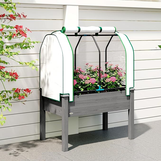 Outsunny Raised Garden Bed with PE Greenhouse Cover Outdoor Elevated Wood Planter Box for Herbs and Vegetables Use for Patio Backyard Balcony 35 x 22 x 47 inch Dark Gray