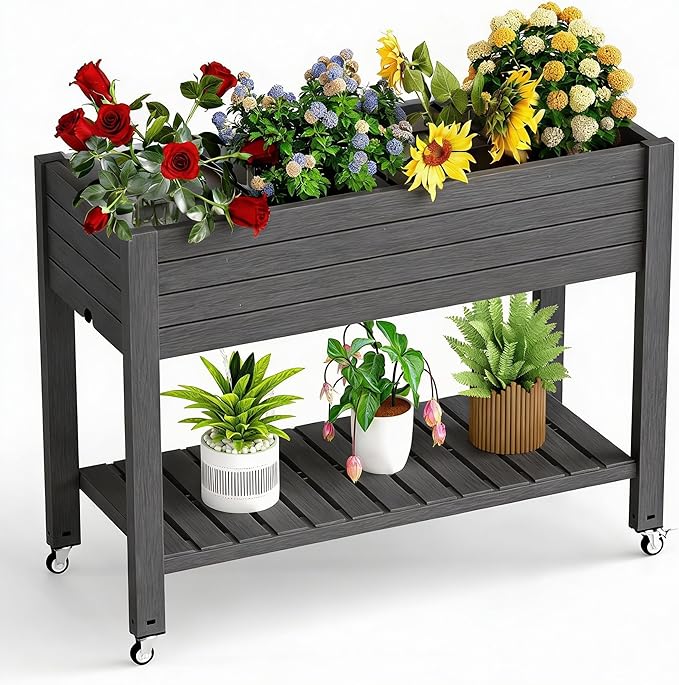 Elevated Raised Garden Bed with Legs 33.66 Tall Self-Watering Resin Outdoor Planter Box with Storage Shelf Drain Plug Water &amp Monitor for Plants Vegetables Flowers Fruits (Black)