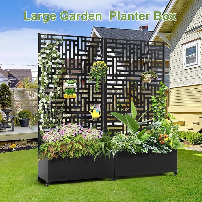Raised Garden Bed with Trellis and Wheels73x35x16 Metal Raised Garden BedBlack Modern Metal Planter with Climbing Trellis for Vines &amp Vegetables