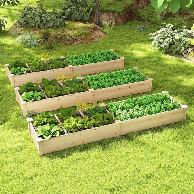 Giantex Wooden Raised Garden Bed with 2 Planter Boxes &amp Dividers 90x25x10 Raised Bed for Flowers Vegetables Fruits Herbs Gardening Planting Outdoor Garden Box for Patio Backyard Lawn (1)