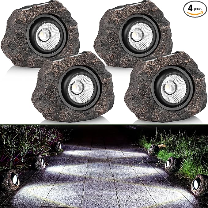 Solar Rock Lights Outdoor Garden Waterproof - Super Bright LED Solar Spotlights Solar Powered Landscape Path Decorative Garden Stone Lights for Pathway Walkway Yard Patio (4 Pack)