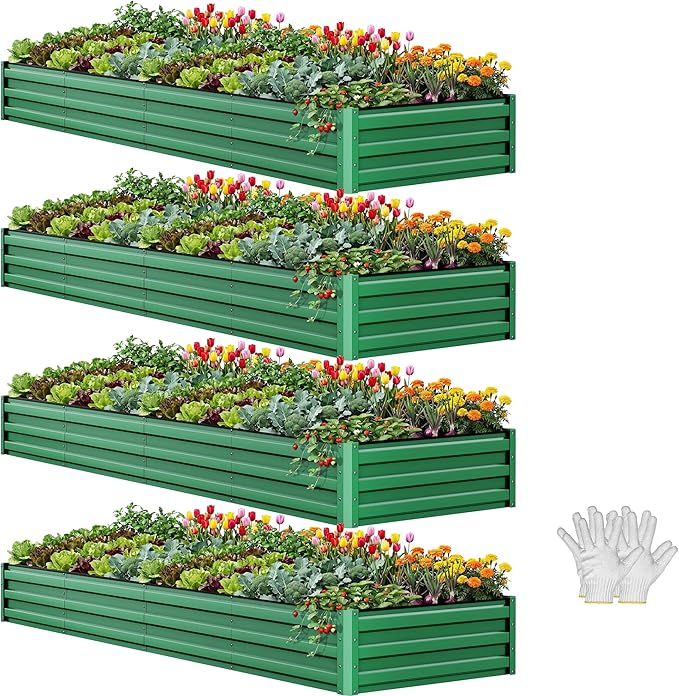 YITAHOME 4pcs 12x4x1 ft Galvanized Raised Garden Bed Kit Large Metal Planter Box with Gloves Safety Rubber &amp Support Rod Outdoor Flower Bed for Plants Vegetables Green