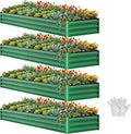 YITAHOME 4pcs 12x4x1 ft Galvanized Raised Garden Bed Kit Large Metal Planter Box with Gloves Safety Rubber &amp Support Rod Outdoor Flower Bed for Plants Vegetables Green
