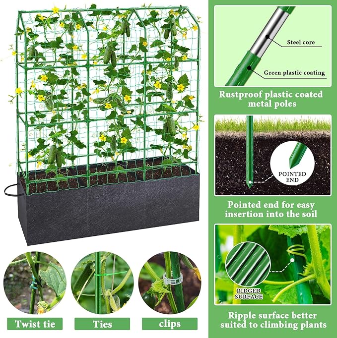 50x65x18 Inch Cucumber Trellis for Raised Bed - with 46 Gallon Grow Bags Garden Trellis for Climbing Plants Outdoor with Climbing Net and Plant Support for Cucumber Tomato Vegetable Grape Vine