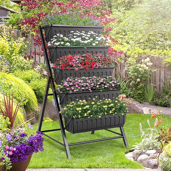 Suyncll Vertical Raised Garden Bed Planter Box5 Tiers Vertical Garden Planter with Drainage System&amp4 Hooks for Herb Vegetables Flowers