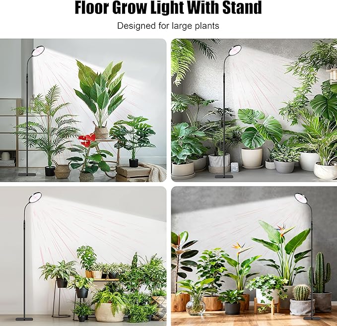 Floor Grow Lights for Indoor Plants Full Spectrum Plant Light with Stand for Growing Large Tall Plants Grow Lamps with 4/8/12/18H Timer 3 Light Modes 10 DimmingHeight Adjustable Black