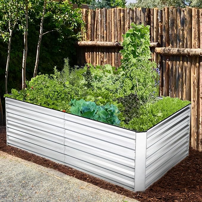 6x3x2FT Raised Garden Bed Kit Galvanized Planter Raised Garden Boxes Outdoor w/Anti Cutting Strip &amp A pair of gloves Deep Root Raised Planter for Vegetables Fruits Flowers and Herbs Silver