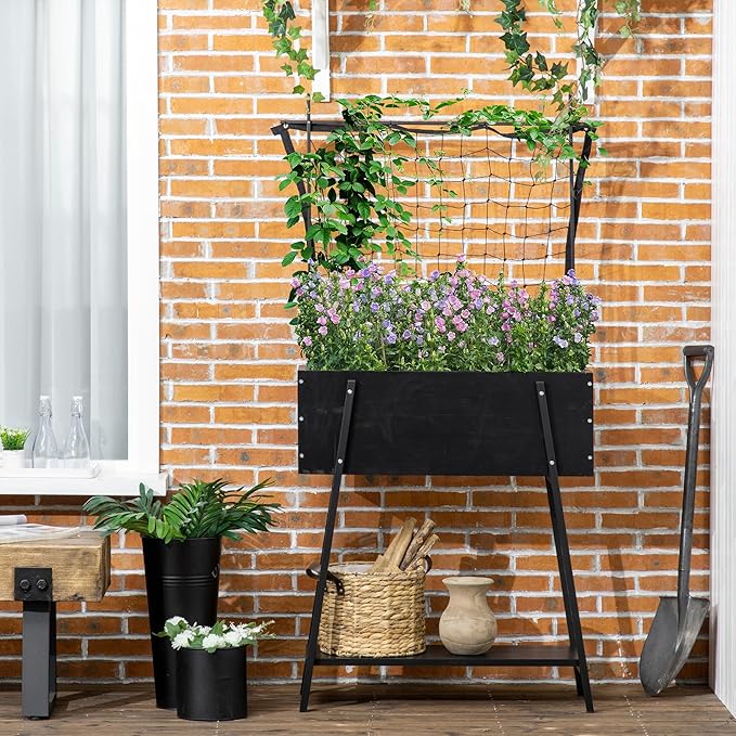 Outsunny Raised Garden Bed with Trellis and Metal Legs Elevated Planter Box with Storage Shelf and Bed Liner for Vegetable Vines Climbing Plants Flowers