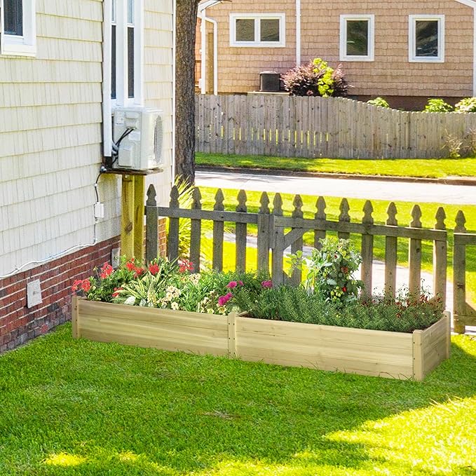 8x2ft Wooden Raised Garden Bed Kit Elevated Planter with 2 Boxes Self Draining Bottom and Liner Patio to Grow Vegetables Herbs and Flowers Natural