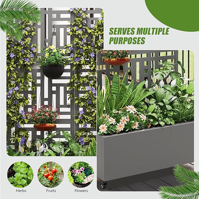 Casaphoria 72x35 Metal Raised Garden Bed with Trellis(2 Pack) Outdoor Planter Box with Wheels &amp Drainage Holes for Climbing Plants Flowers Elevated Garden Kit with Privacy Screen Grey-Helen