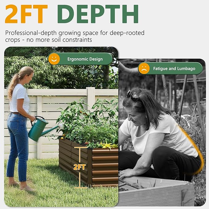 FOOWIN 8x4x2ft Galvanized Raised Garden Bed Planter Raised Garden Boxes Outdoor Large Metal Raised Beds for Gardening Garden Bed for Vegetables Flowers Herb478 Gallon Capacity Brown