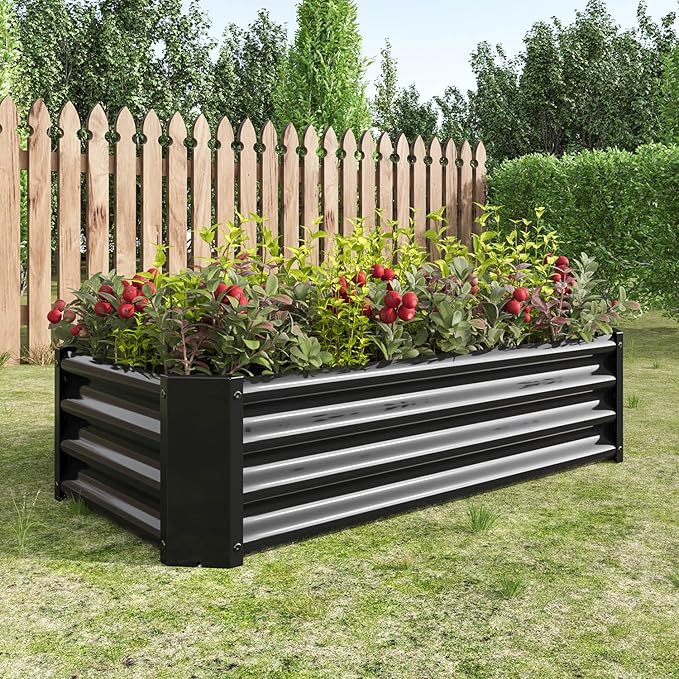 Angel Sar Galvanized Raised Garden Bed 4 x 2 x 1FT Metal Planter Boxes Outdoor with Open Bottom Raised Garden Beds Outdoor Planter Box for Gardening Vegetables Flowers Hurbs Black