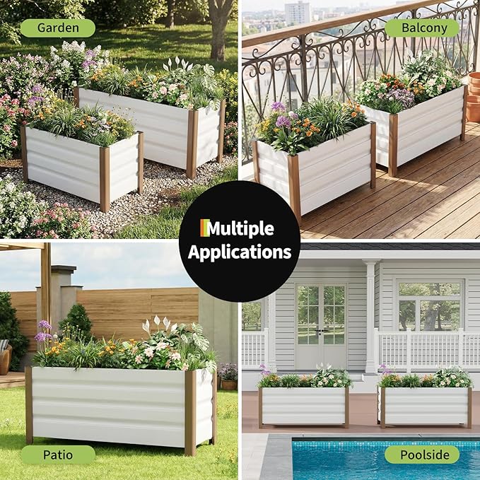 Garvee Aluminum Planter Box 24x16x18 Modern Raised Garden Bed with Rounded Corners &amp Anti-Cut Edging Deep Design with Drainage Holes for Outdoor Patio &amp Balcony White