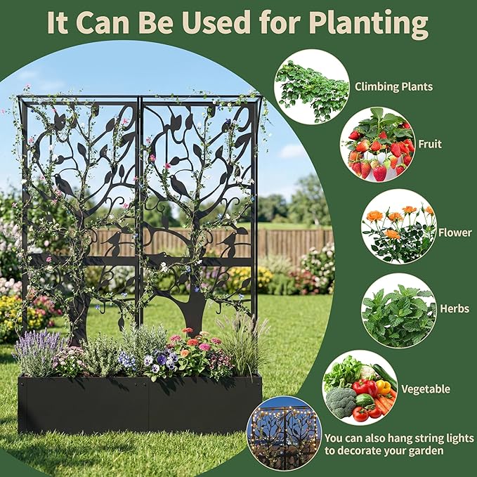 Metal Planter Box with Trellis Set of 2 Outdoor Privacy Planters for Patio Tall Raised Garden Bed for Climbing Plants Vegetables Fruits Balcony Outside 62.4 x 12.2 x 44.6 Inch 2PCS Black