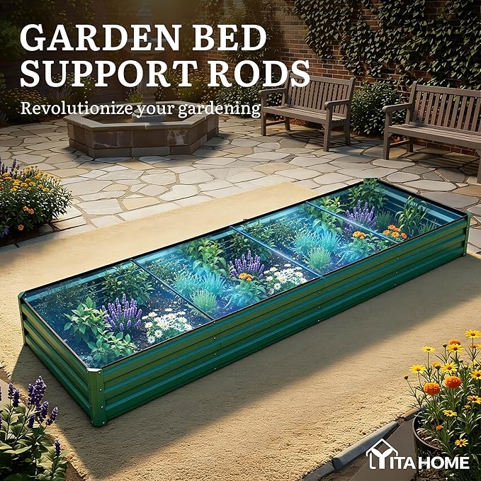 YITAHOME 4pcs 12x4x1 ft Galvanized Raised Garden Bed Kit Large Metal Planter Box with Gloves Safety Rubber &amp Support Rod Outdoor Flower Bed for Plants Vegetables Green