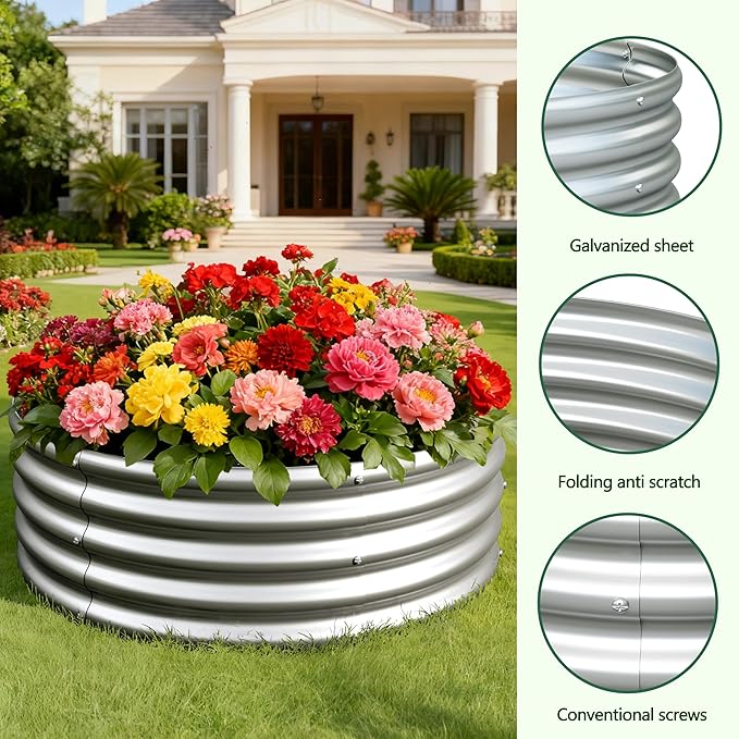 3x3x1ft(2 Pack) Galvanized Round Raised Garden BedOutdoor Planter Box Metal Patio Kit Planting Bed for Vegetables Flowers HerbSilver