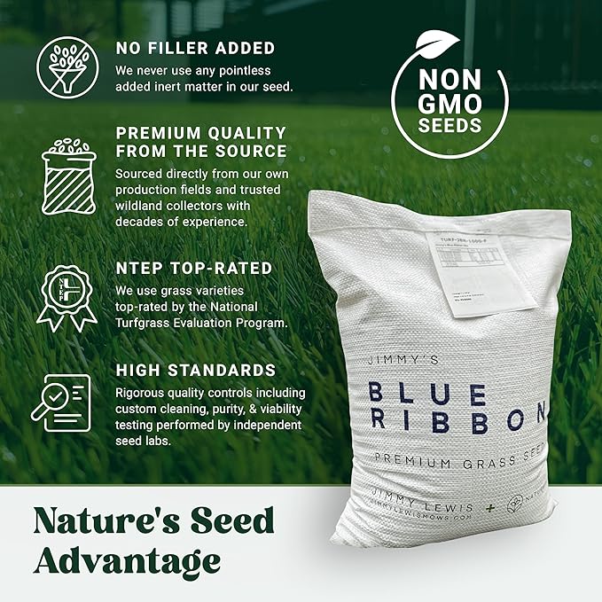 Nature’s Seed Jimmy's Blue Ribbon Mix Kentucky Bluegrass and Perennial Ryegrass Grass Seed Blend High-Traffic for Garden Lawn Yard 5 lbs
