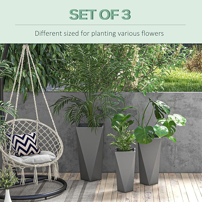 Set of 3 Tall 28.75 24.5 20.5 Indoor Outdoor with Drainage Holes Stackable Flower Pots for Garden Patio Balcony Front Door Gray