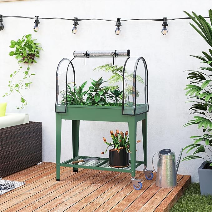 Outsunny Raised Garden Bed with Greenhouse Cover Large Metal Outdoor Elevated Planter Box with Lockable Wheels Storage Shelf and Drainage Hole for Vegetables Flowers Herbs Green