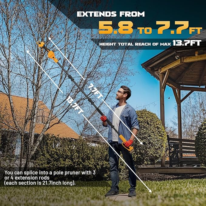 2-in-1 Pole Pruning Shears Cordless 1.6 Cutting Diameter Electric Pruning Shears with Extension Pole 21V 2×4.0Ah Battery Powered Pruner 13.7FT Reach Power Pole Pruner for Tree Trimming