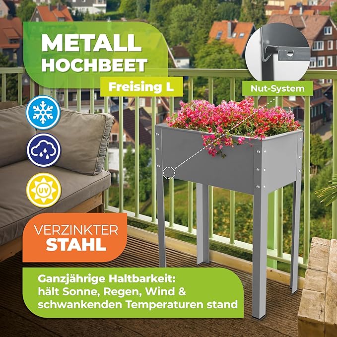 Bio Green Metal Raised Garden Bed Freising-L with Drainage | Small Galvanized &amp Powder-Coated Outdoor Planter Box with Legs for Herb Garden Flowers Vegetables Patio | 24x12x31.5 inch Anthracit