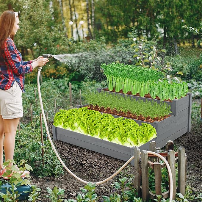 3 Tier Wooden Raised Garden BedTiered Outdoor Elevated Flower BoxHorticulture Open-Bottom Planter Raised Garden BedVegetables Growing Planter for Backyard Patio Gardener Grey