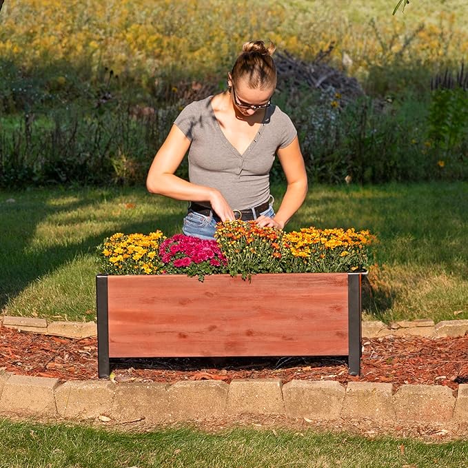Sunnydaze Acacia Wood Rectangular Planter Box - 14.75 H Wooden Raised Garden Bed with Removable Polyethylene Planter Bag - Brown