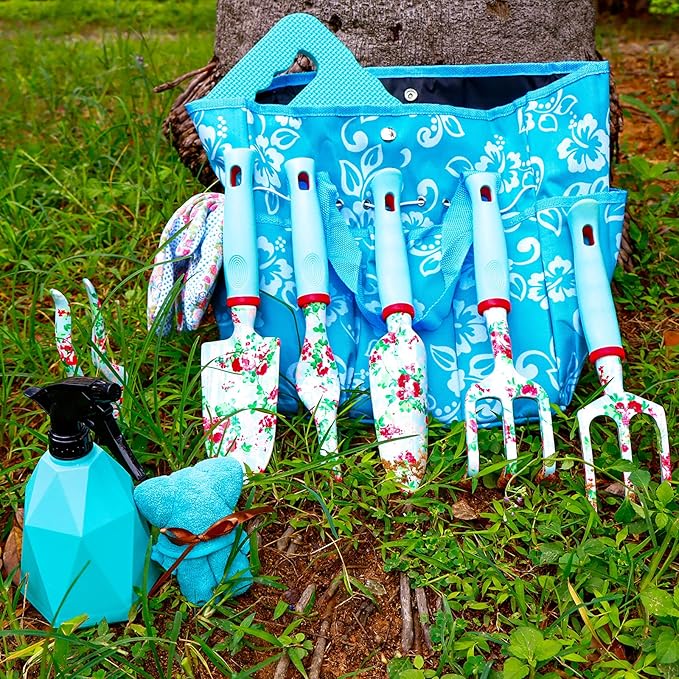 JUMPHIGH Floral Garden Tools Set 11 PCS Heavy Duty Gardening Tools Includes Hand Trowel Rake Weeder Pruner Sprayer Gardening Gifts for Women Garden Kit with Storage Tote Bag and Garden Gloves