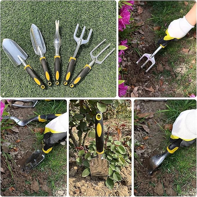DINGFAN Gardening Tools 5 Piece Gardening Tools Set Aluminum Garden Hand Tools Kit Shovel Transplant Trowel Rake Cultivator Weeding Fork Weeder for Gardener