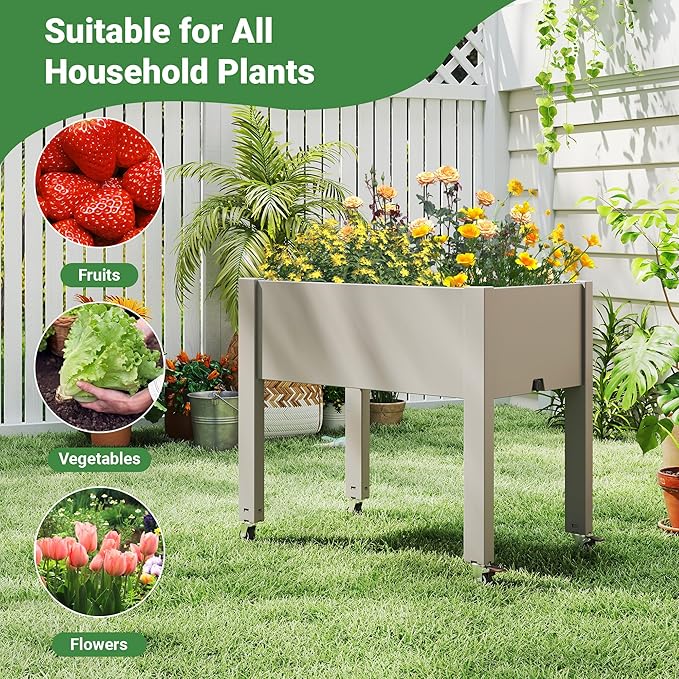 Raised Garden Bed with Wheels - Outdoor Mobile Elevated Resin Planter Box with Drainage Holes for Vegetables Flower Herbs (1 Pack Gray)
