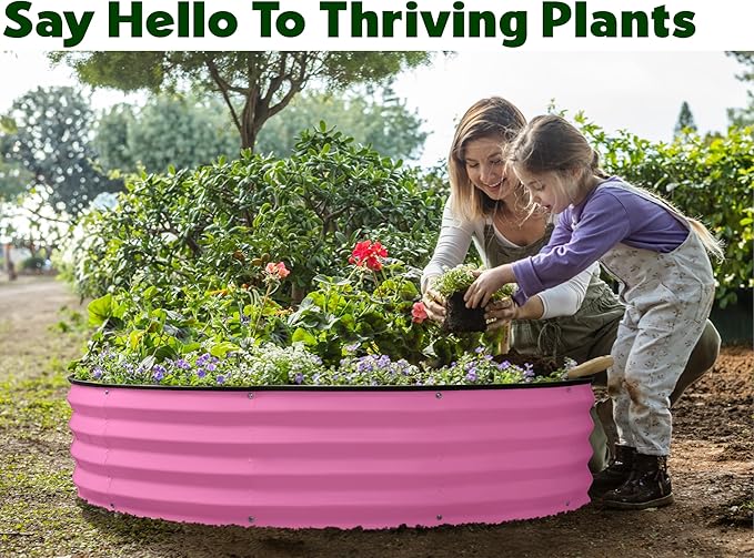 Round Galvanized Raised Garden Bed // 4×4×1 ft Galvanized Raised Garden Beds Outdoor for Gardening Vegetables Flowers // Patented Tool-Free Design Round Planter (Pink)