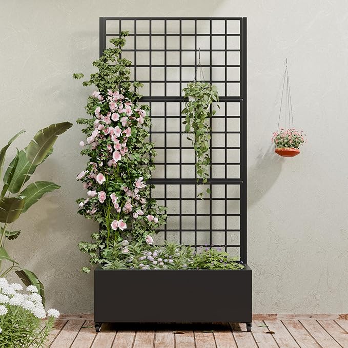 Casaphoria Metal Raised Garden Bed with Trellis and Wheels 72x35x16 Planter Box for Climbing Plants Vegetables &amp Vines Features Drainage Holes and Privacy Screen (Black-Grid)