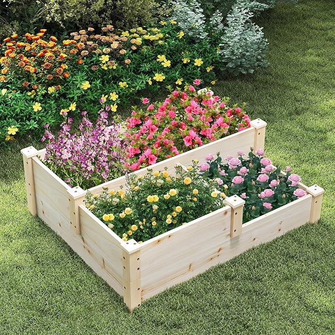 HAPPYGRILL 3-Tier Raised Garden Bed Wood Elevated Planter Box w/Open-Ended Base 3 Planting Depths&amp 2 Arrangement Options for Yard Lawn Outdoor Planter Raised Beds for Vegetables Herbs Fruits