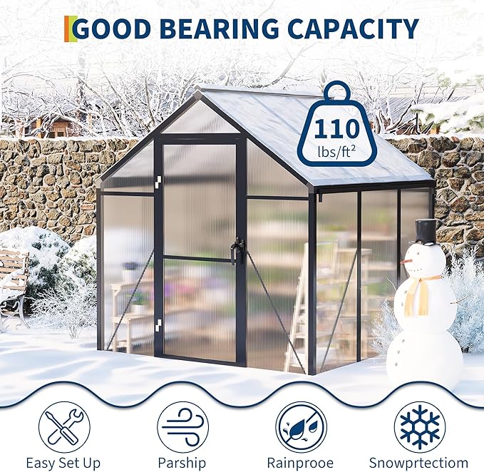 6x6 FT Greenhouse Greenhouses for Outside Polycarbonate Greenhouse with Aluminum Frame Lockable Door and Ajustable Roof Vent for Backyard Green Houses for Outside Garden Backyard Patio
