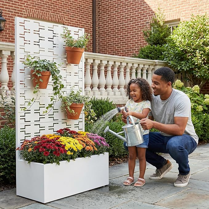 Casaphoria Metal Raised Garden Bed with Trellis 59x30x12 Planter Box for Climbing Plants Vegetables &amp Vines Features Drainage Holes and Privacy Screen White-Brick