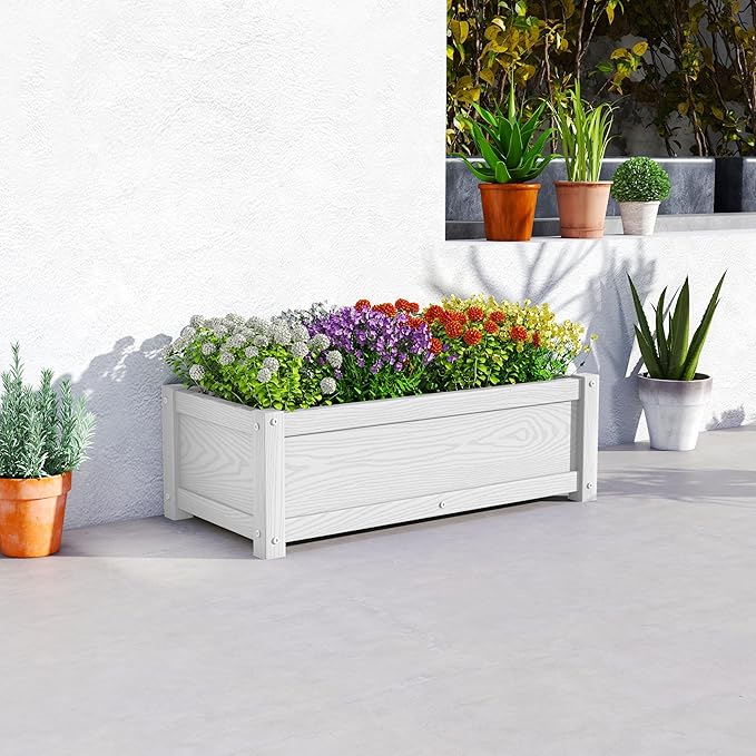HDPE Planter Box All-Weather Outdoor Garden Bed Easy to Assemble Drainage System Low Maintenance Non-Fading for Flower/Herb/Seed (White)
